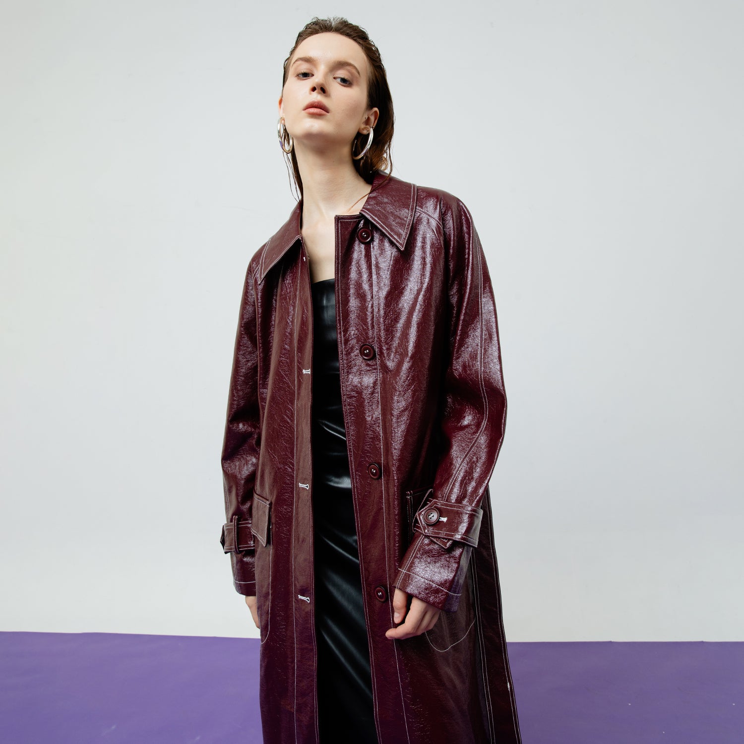 BRIA LEATHER MAROON TRENCH COAT