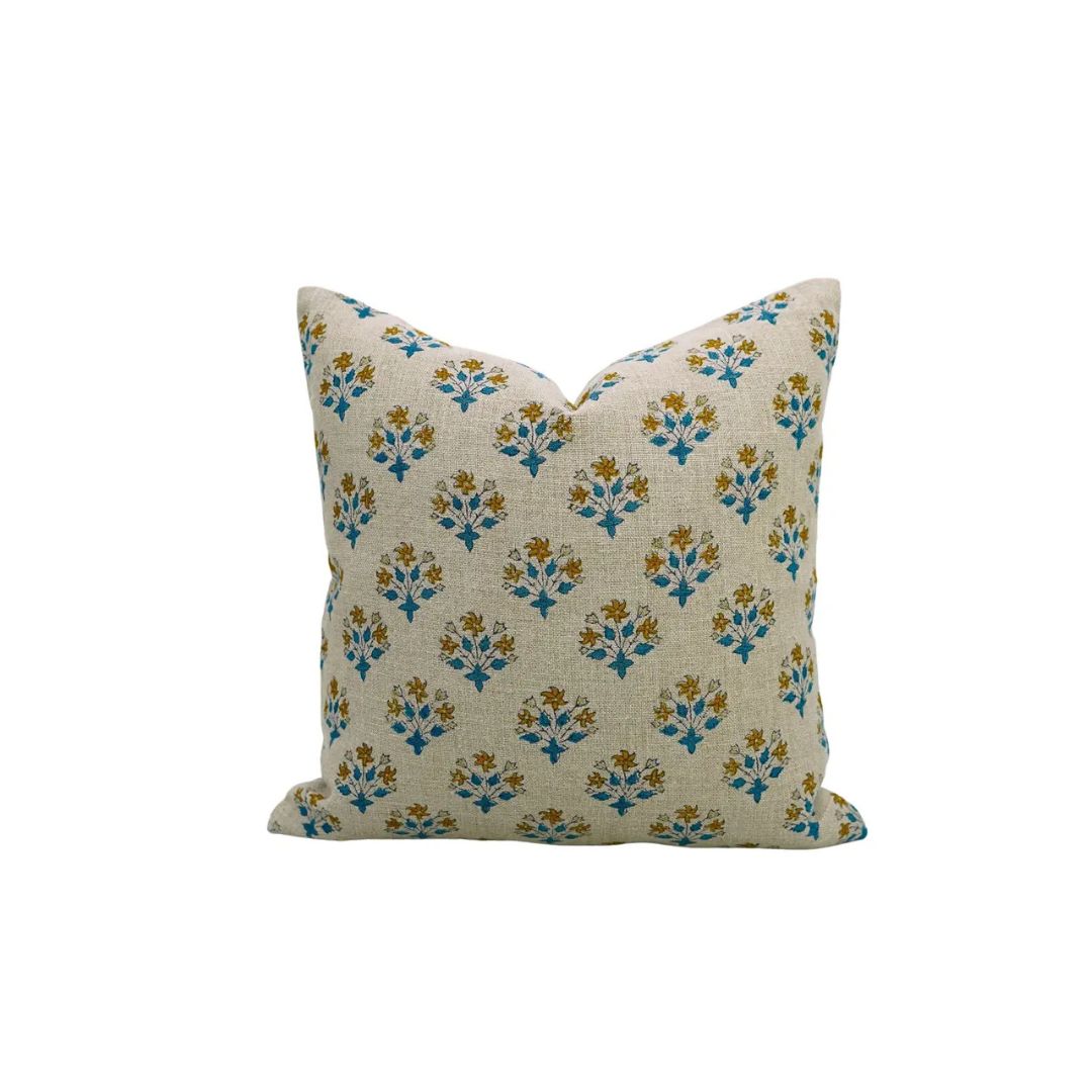 Elegant Handcrafted Block Print Boho Thick Linen Pillow Cover- Diwali Flower