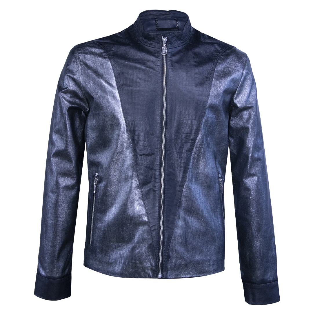 Black leather jacket with textured cut and silver paint details