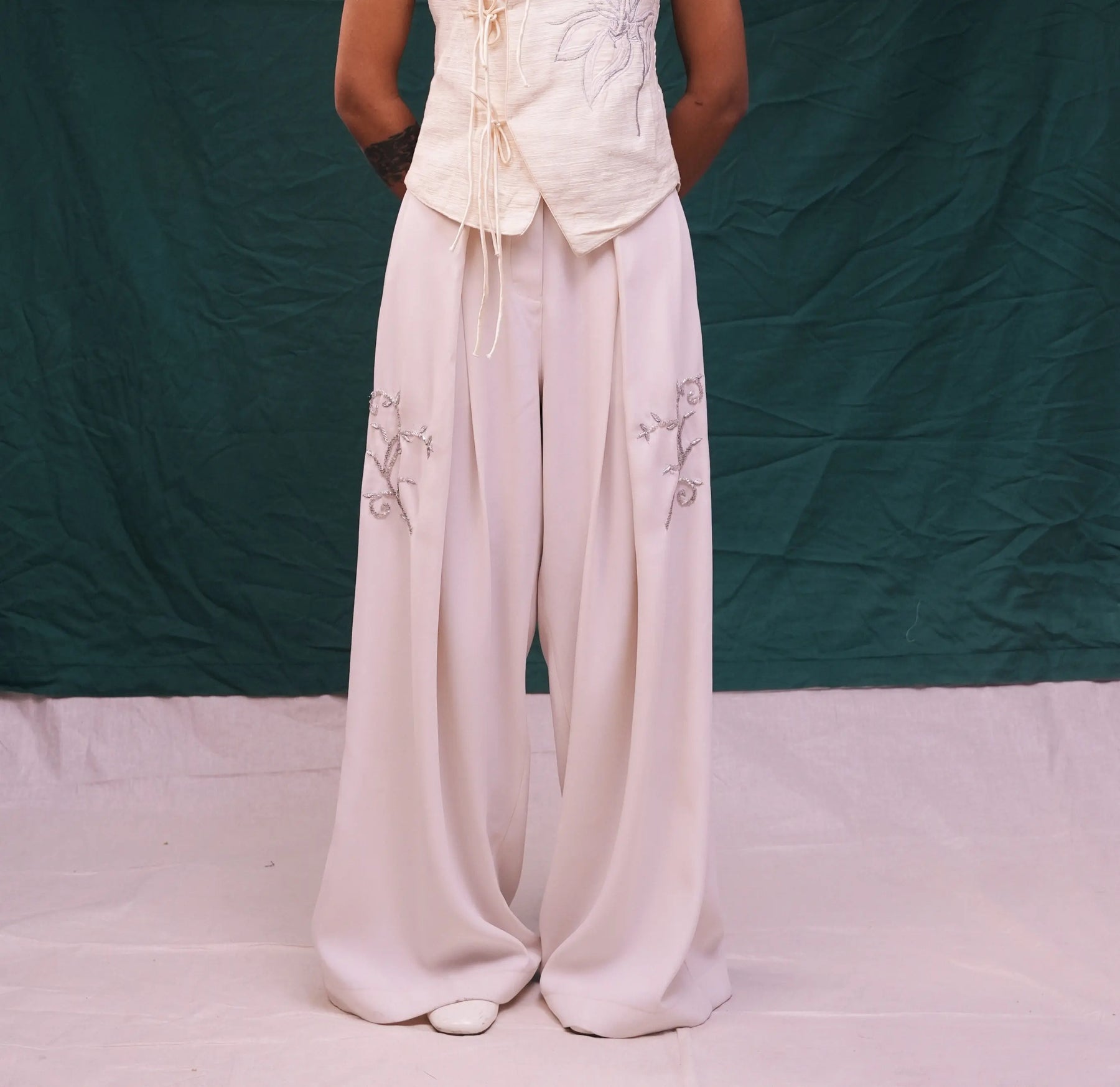 Ornamented Off-white Flared Pant