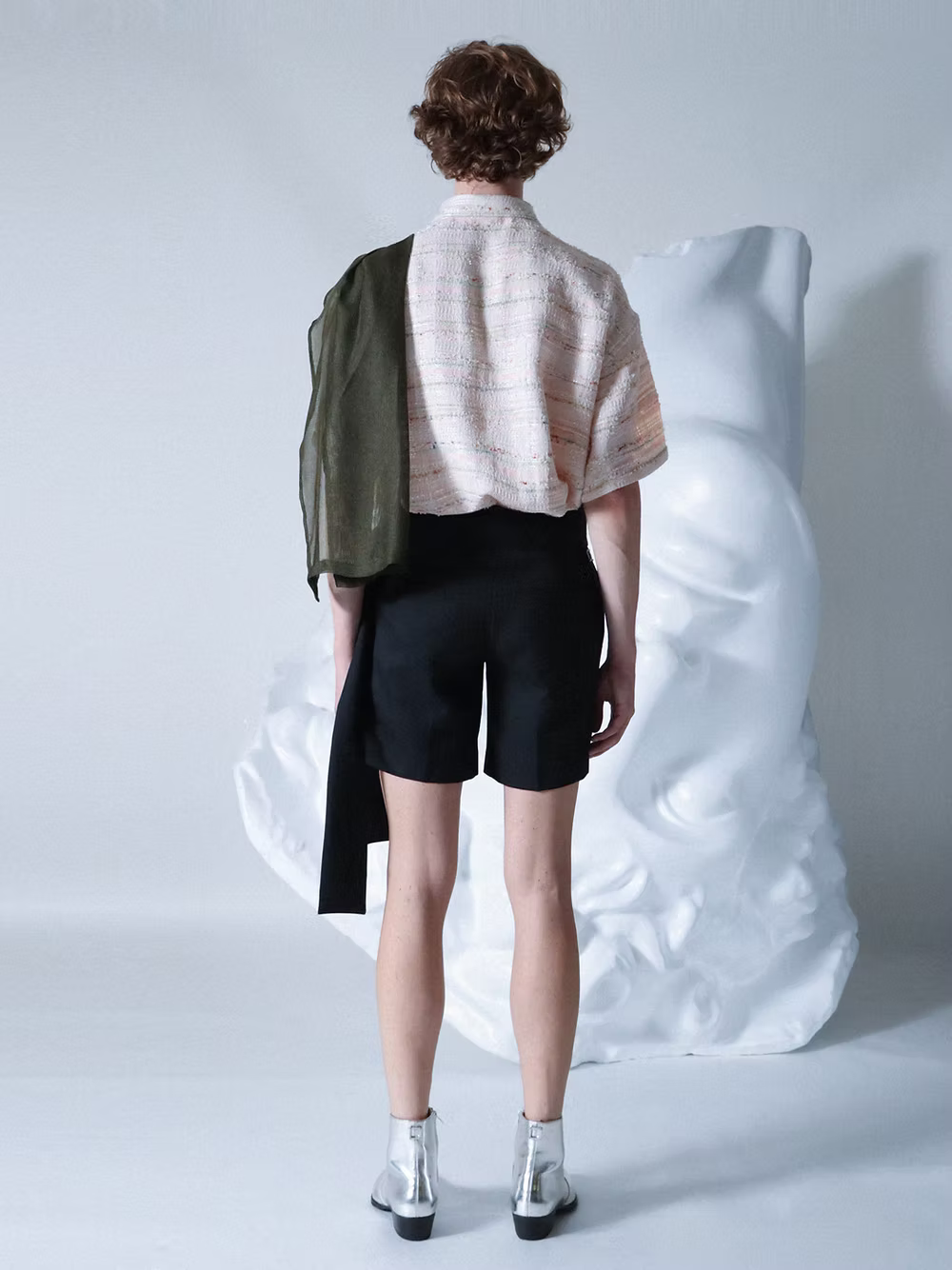 Green-stoled Pink Tweed Boxy Short Shirt