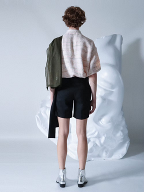 Green-stoled Pink Tweed Boxy Short Shirt