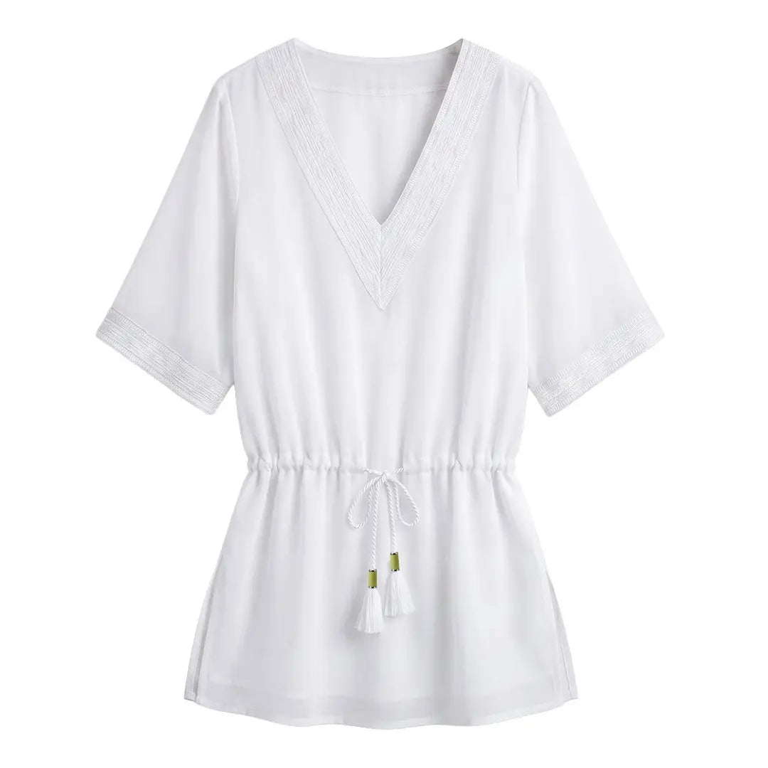 Short Embroidered Kaftan White