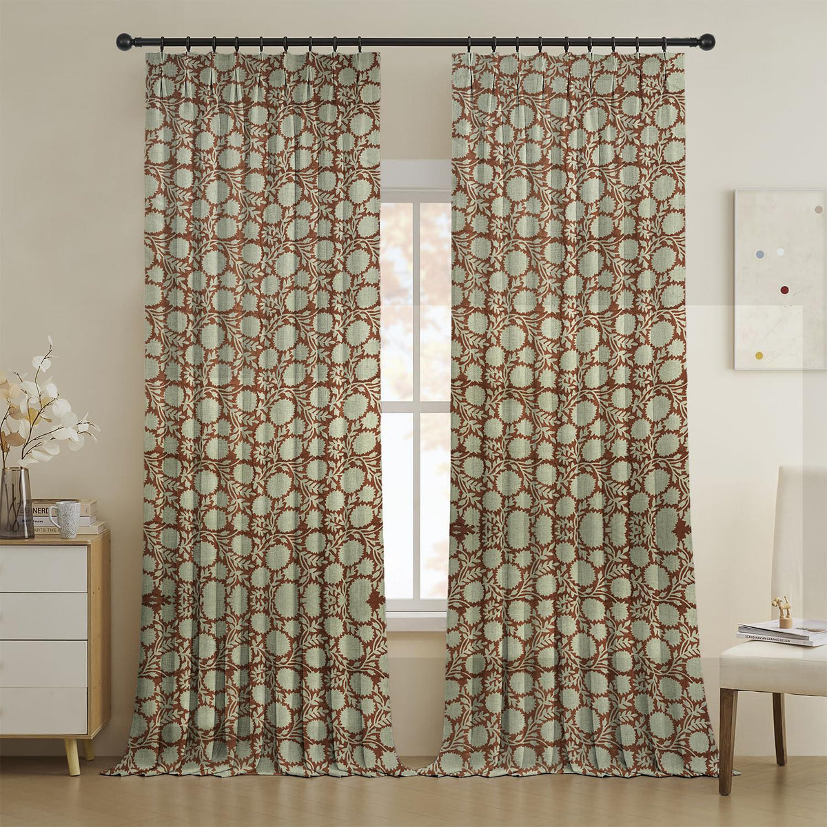 Designer Block Print Pure Linen Pleated Curtain - Rajat