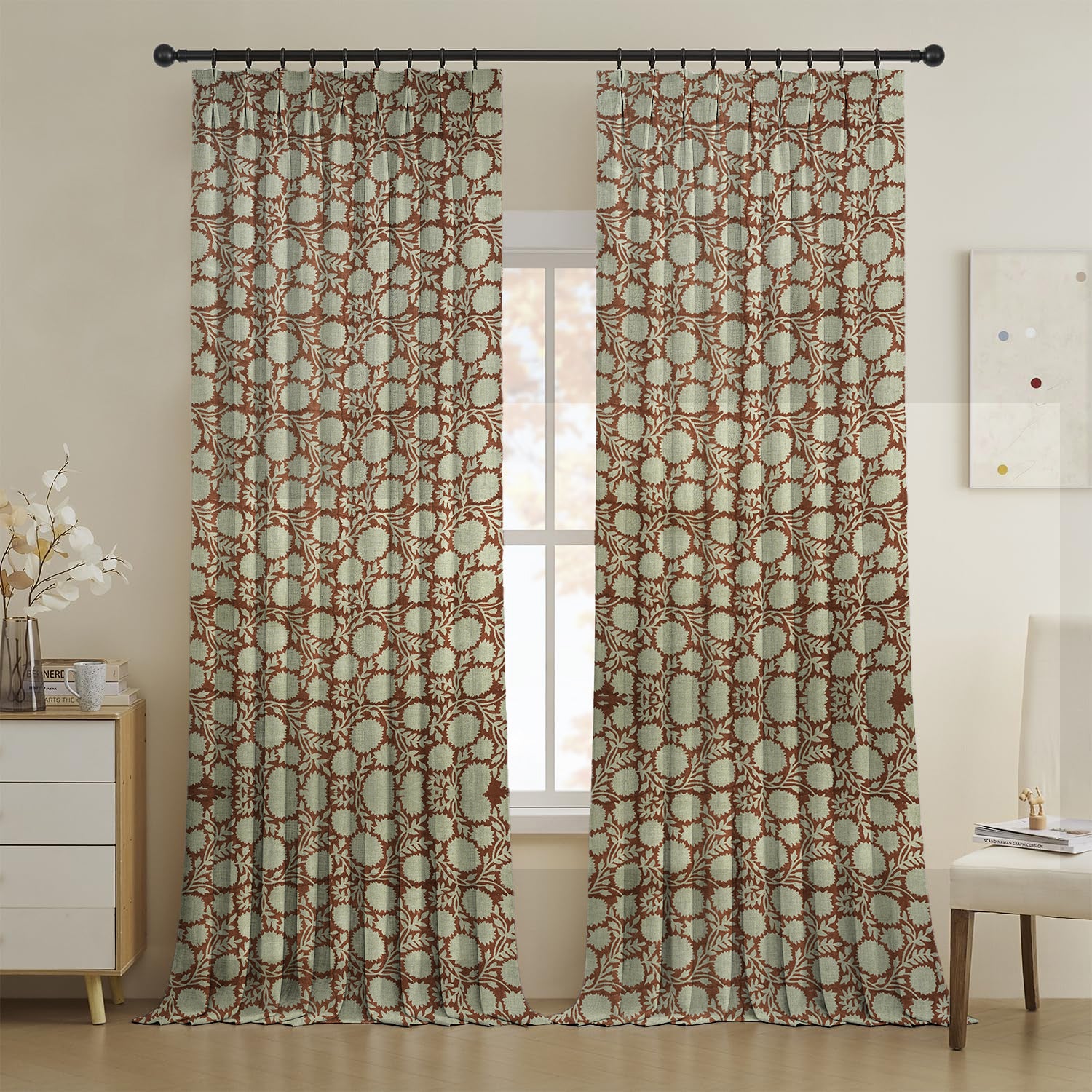 Designer Block Print Pure Linen Pleated Curtain - Rajat