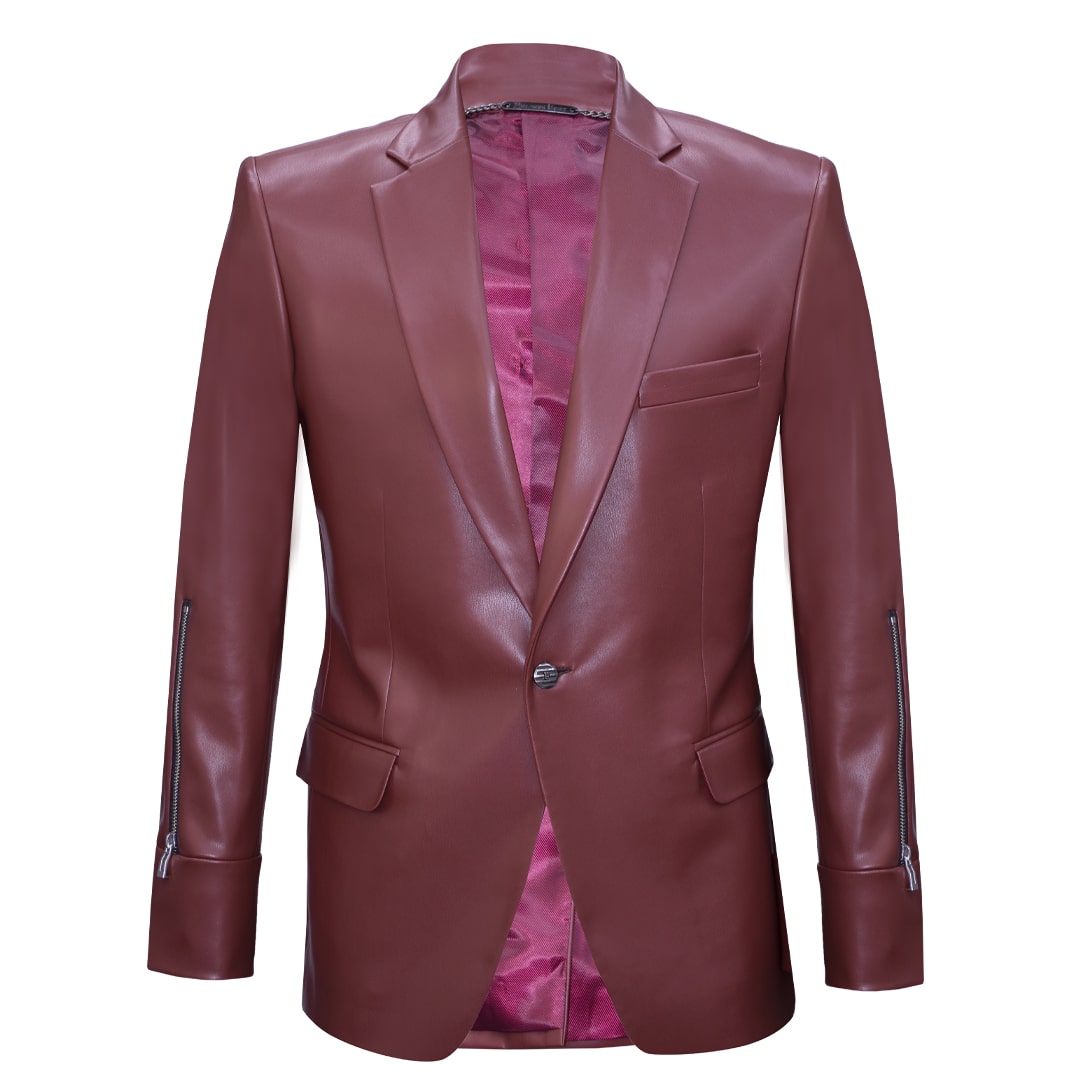 Wine red synthetic leather blazer.