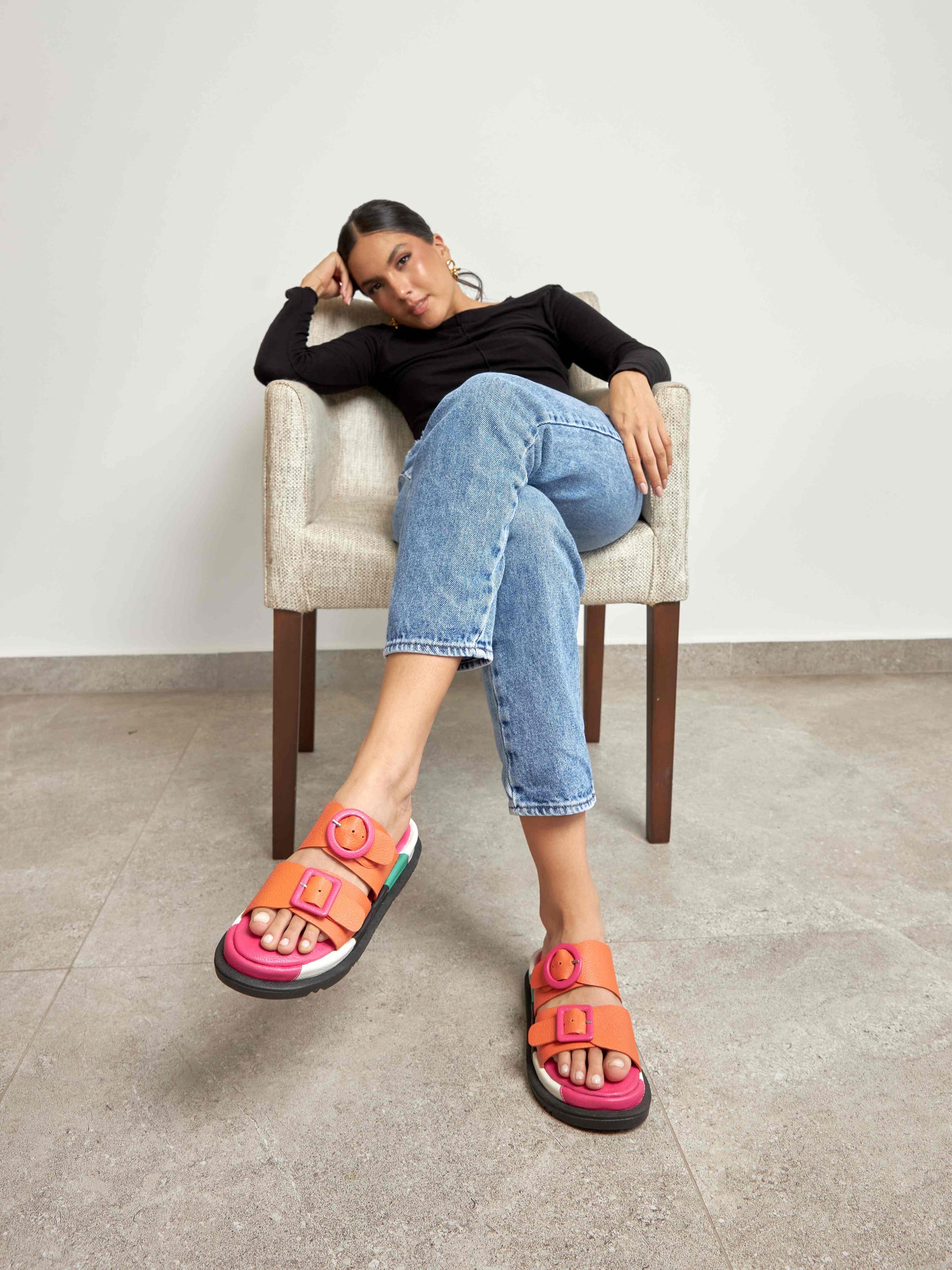 Allegra Orange Colorblock Leather Flat Sandals