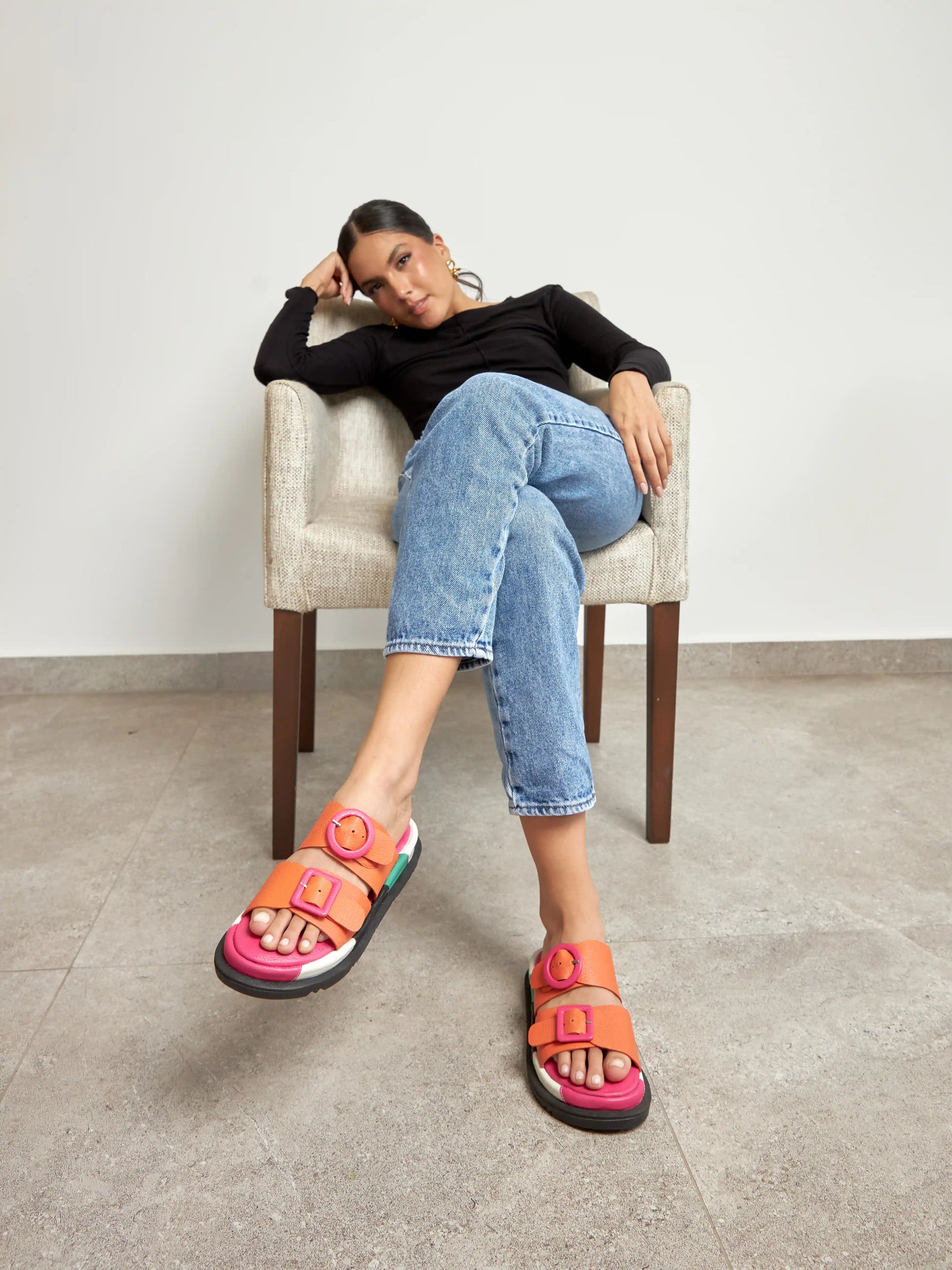 Allegra Orange Colorblock Leather Flat Sandals