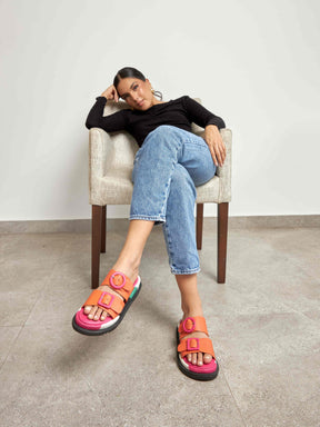 Allegra Orange Colorblock Leather Flat Sandals