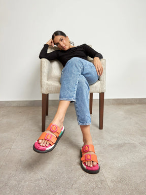 Allegra Orange Colorblock Leather Flat Sandals