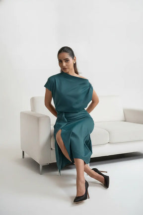 Sea-green One-shoulder Draped Midi Dress