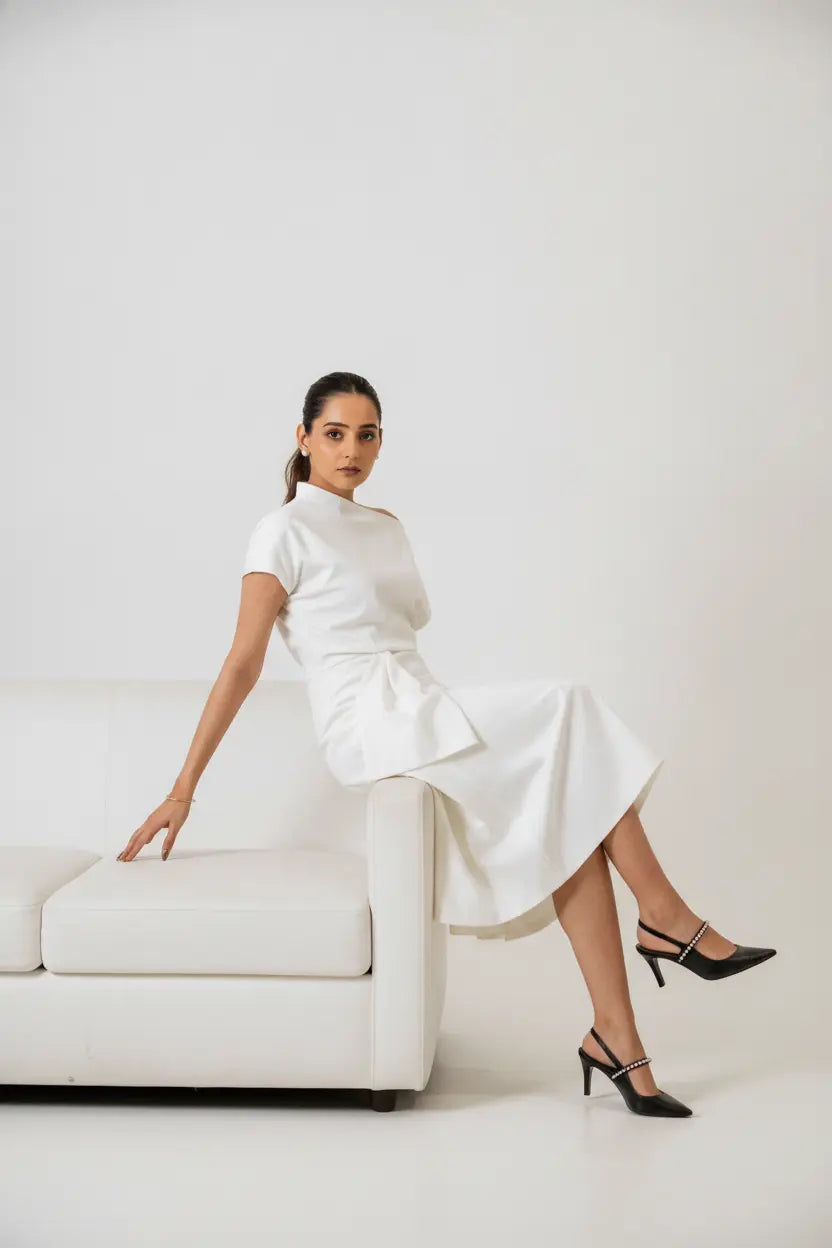 Ivory One-shoulder Draped Midi Dress