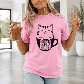Coffee Is My Safe Place Cat Coffee Mug Graphic T-Shirt | Light Pink Cute Kitty Lover Cotton Tee