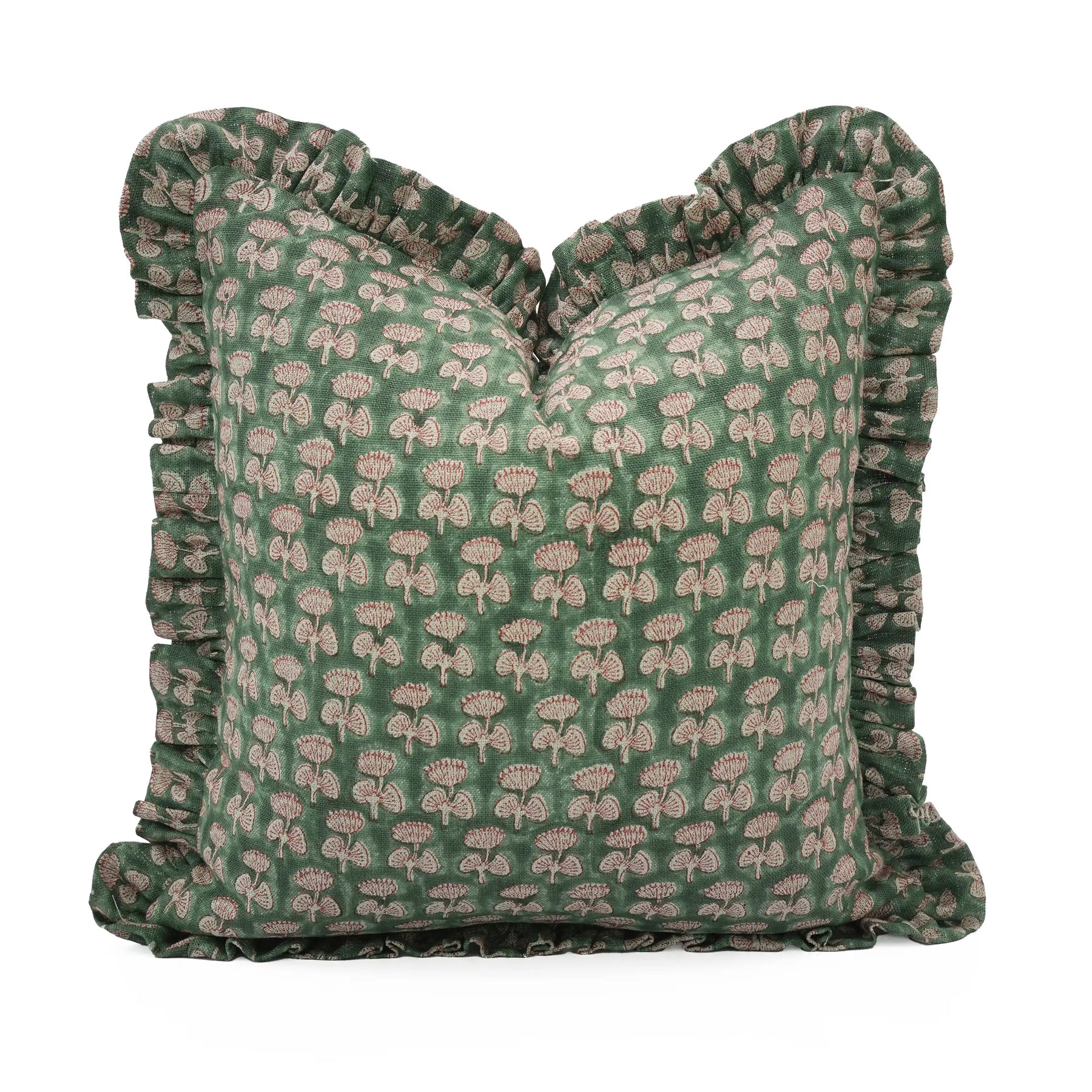 Green Hand Block Printed Thick Linen Frill Pillow Cover - Damru