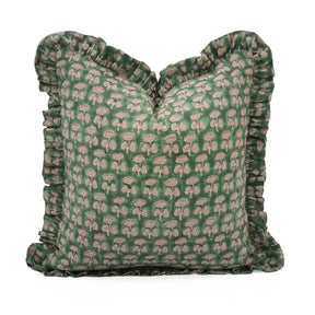 Green Hand Block Printed Thick Linen Frill Pillow Cover - Damru