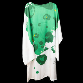 White Green Floral Expression Dolman Sleeve Dress