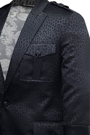 Black Animal Print Blazer Featuring Synthetic Leather Accents