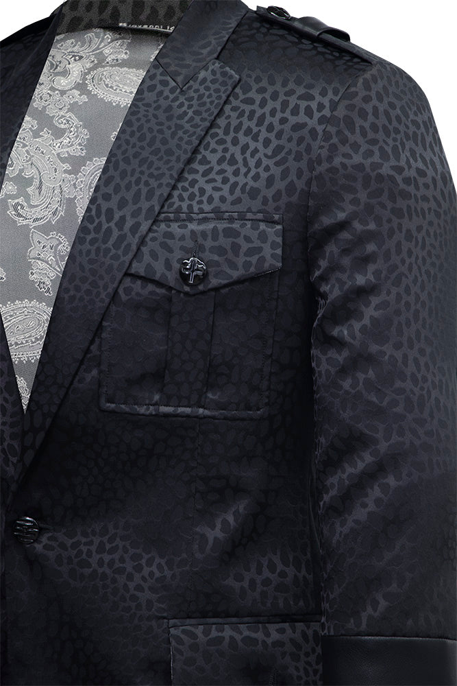 Black Animal Print Blazer Featuring Synthetic Leather Accents