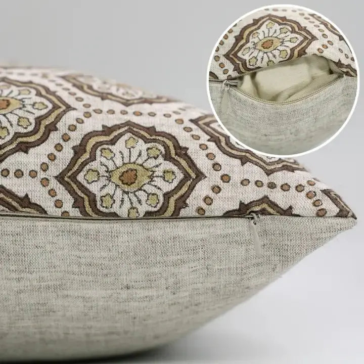 Bohemian Hand Block Desgin Viscose Linen Cushion Cover - Charkha