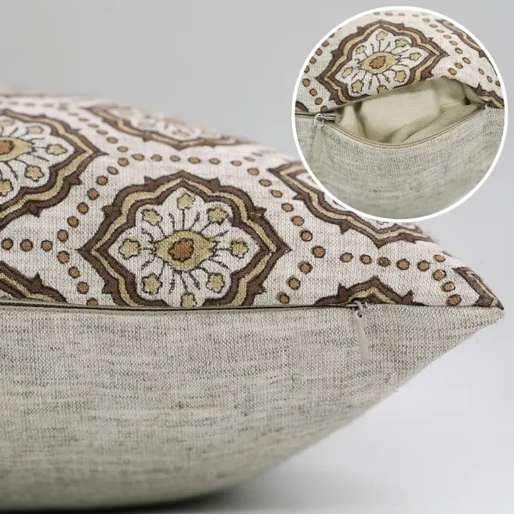 Bohemian Hand Block Desgin Viscose Linen Cushion Cover - Charkha