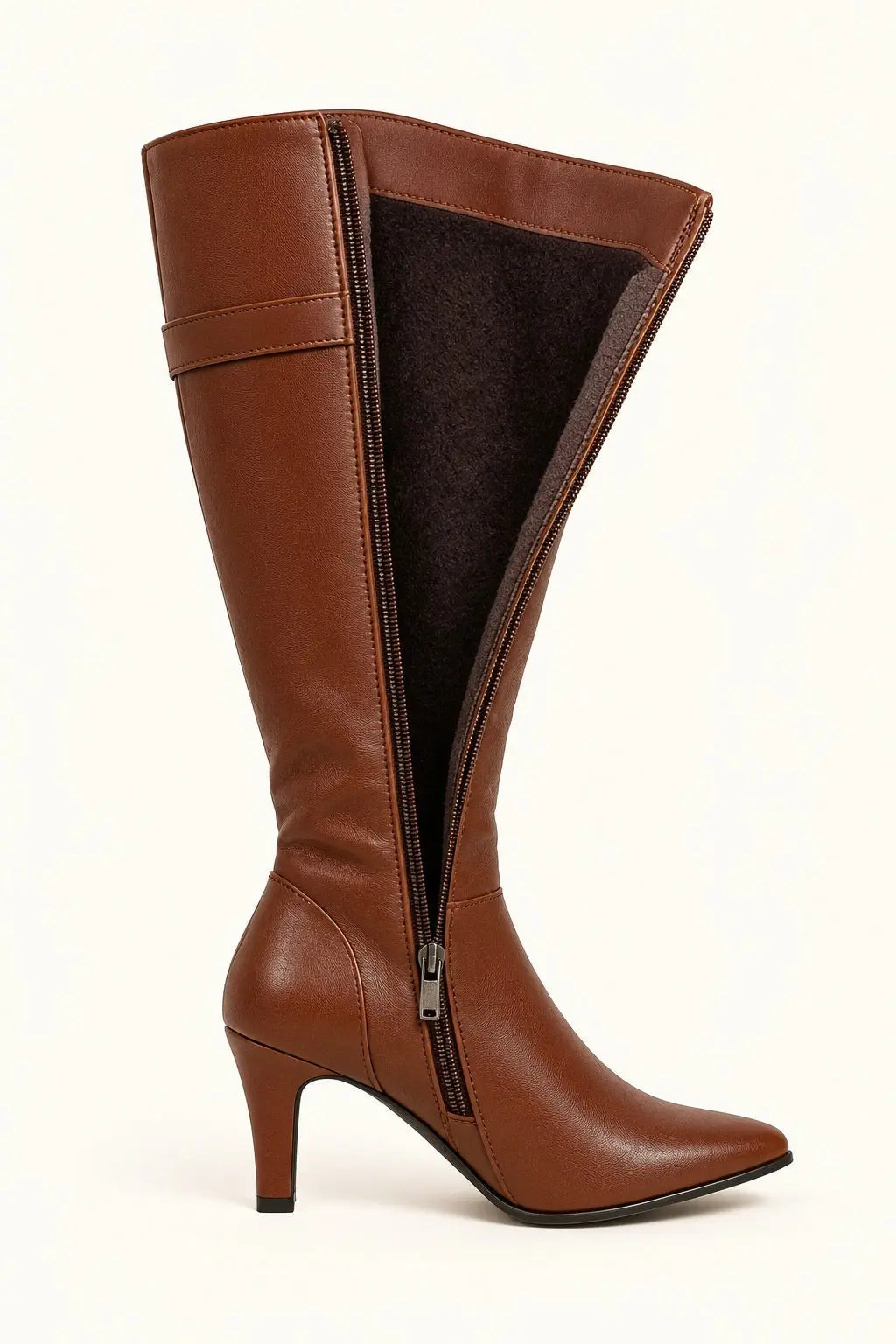 Cognac Brown Leather Knee-High Boots with Buckle Detail