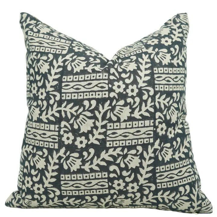Decorative Hand-Carved Block Printed Pure Linen Pillow Cover - Mumtaz