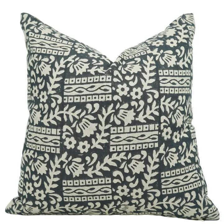 Decorative Hand-Carved Block Printed Pure Linen Pillow Cover - Mumtaz