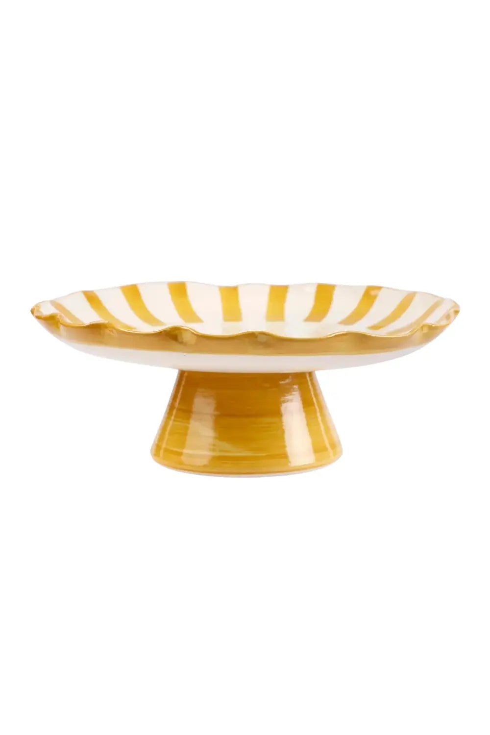 Ceramic Stripe Cake Stand, Yellow  - 10 X 10 X 3.75 Inches