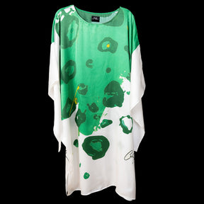 White Green Floral Expression Dolman Sleeve Dress