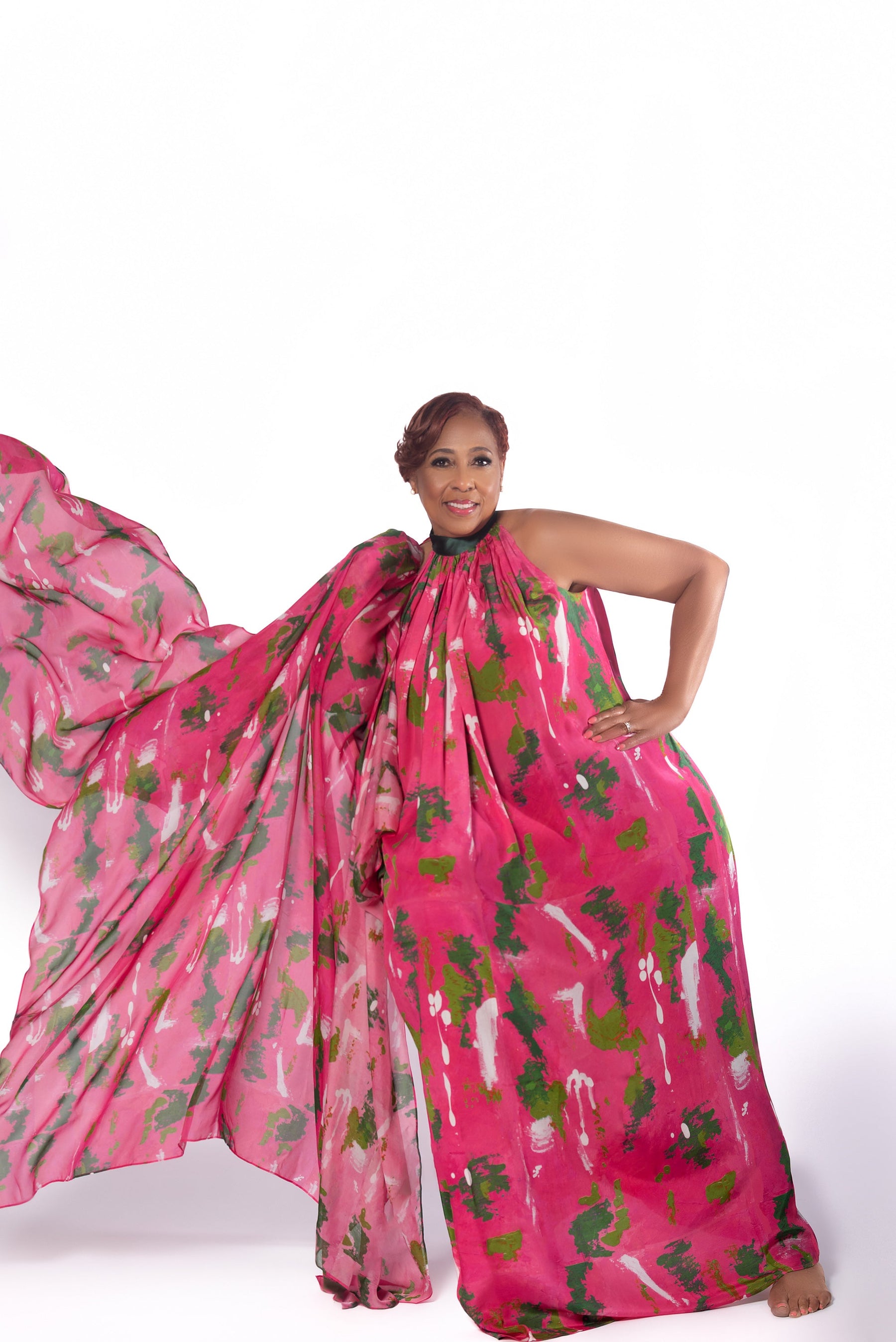 Pink Green Wall Splash Gathered Maxi Dress