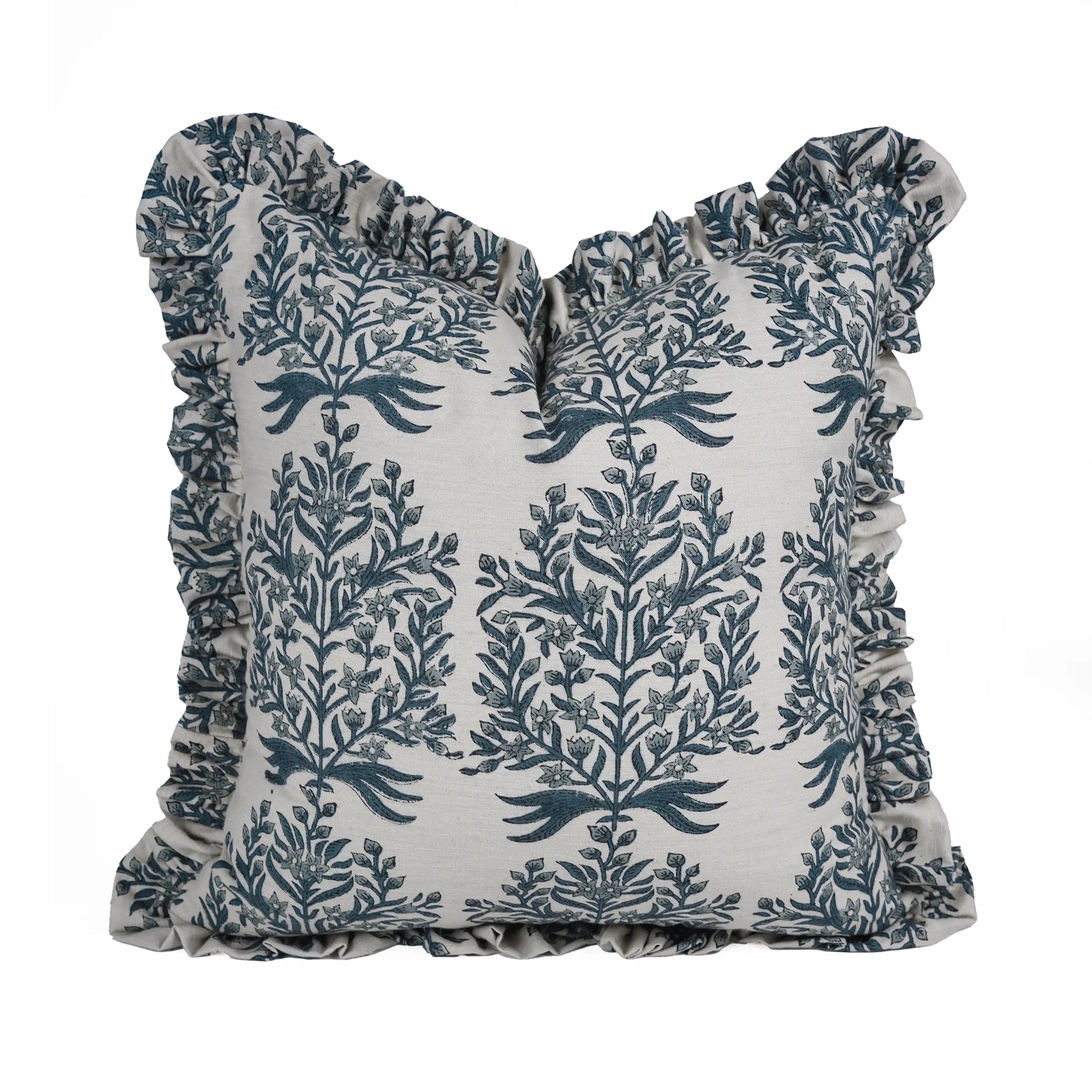 Hand Block Print Linen Blend Frill Cushion Cover - Vrindavan