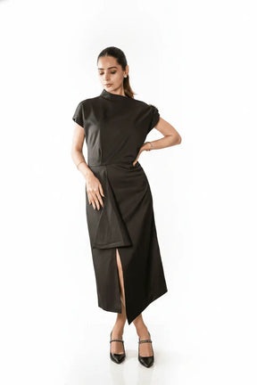 Black One-shoulder Draped Midi Dress