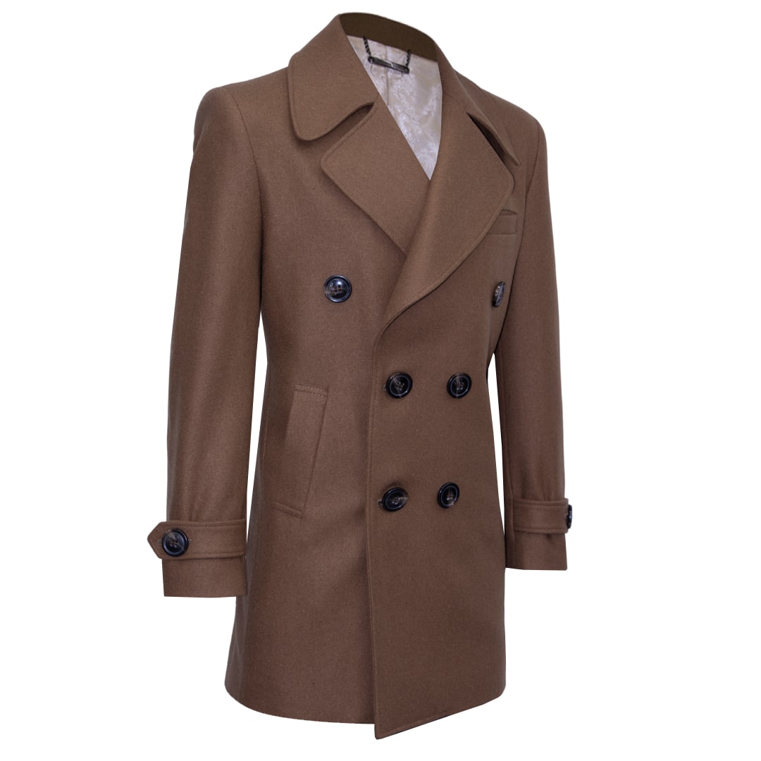 Brown double-breasted coat with wide lapels.