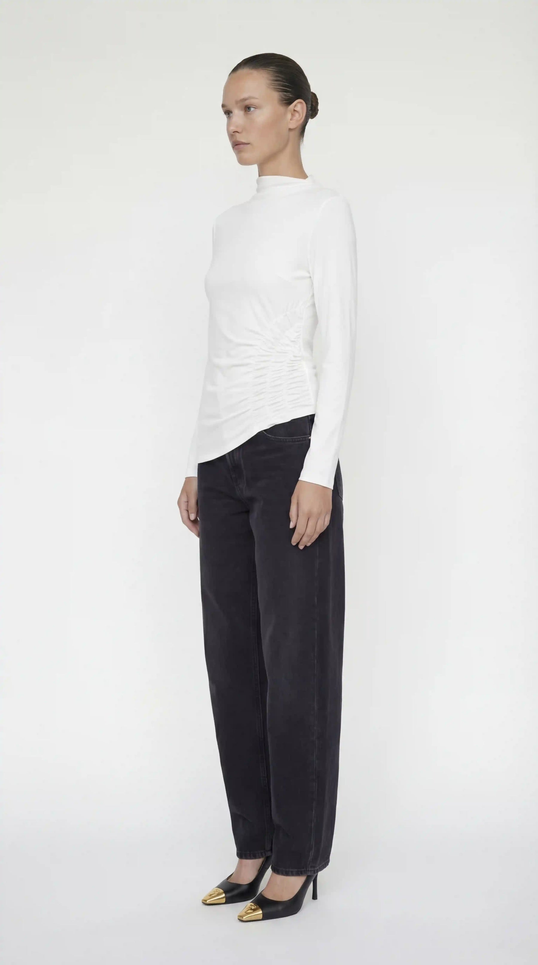 Toni Asymmetrical Ruched Mock Neck Top