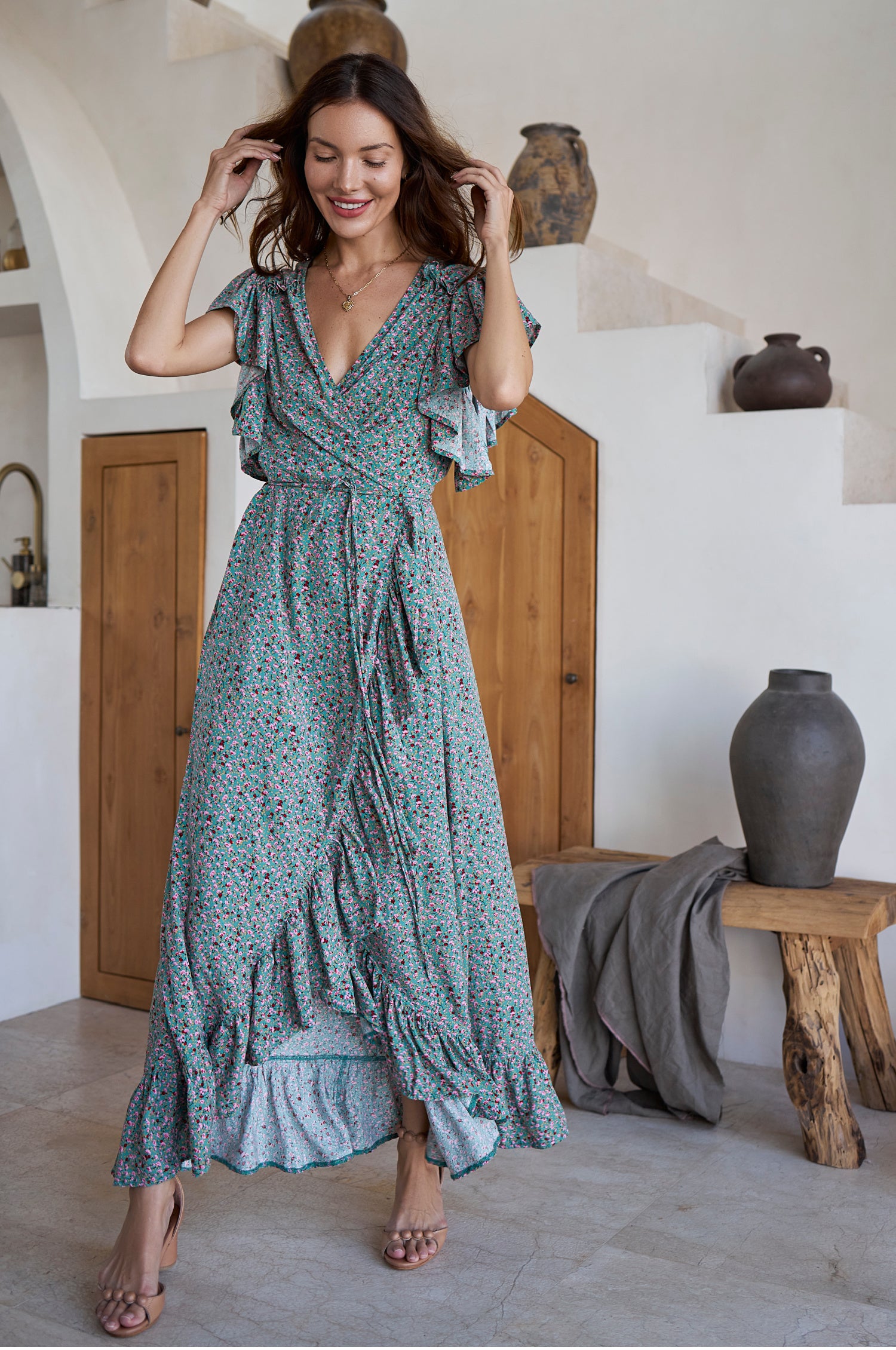 Carmen Wrap Maxi Dress - Green Fields