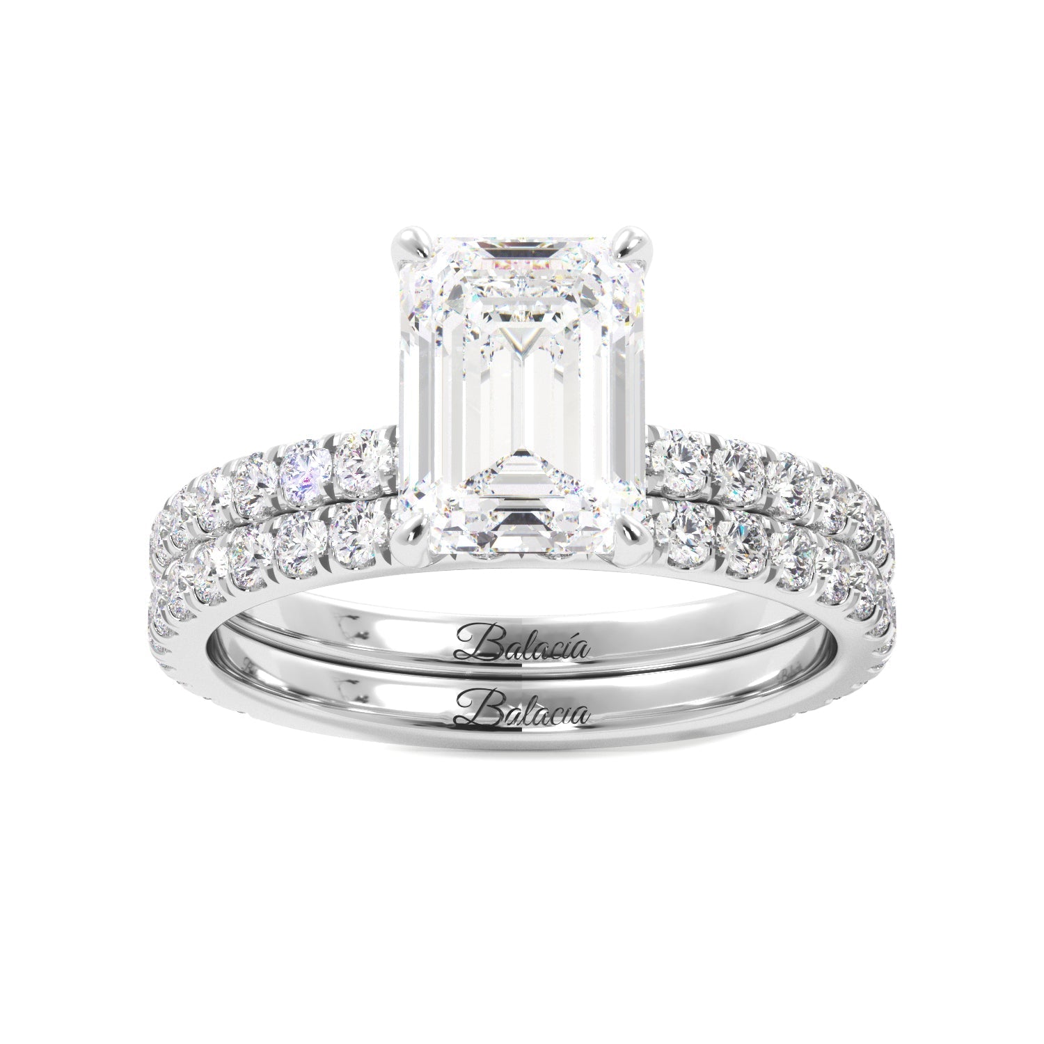 Emerald Cut Hidden Halo Engagement Ring Set