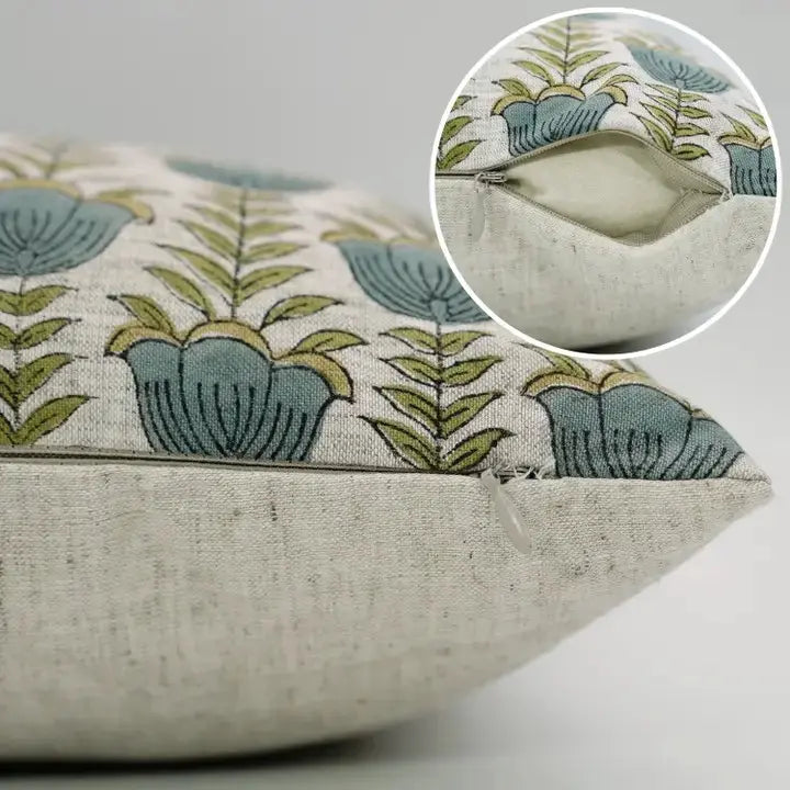 Floral  Hand Block Desgin Viscose Linen Cushion Cover - Lotus