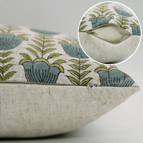 Floral  Hand Block Desgin Viscose Linen Cushion Cover - Lotus