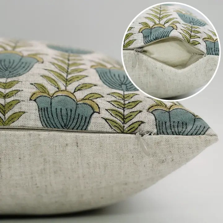 Floral  Hand Block Desgin Viscose Linen Cushion Cover - Lotus