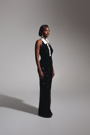 RIA Halter Sequin Maxi Dress in ONYX