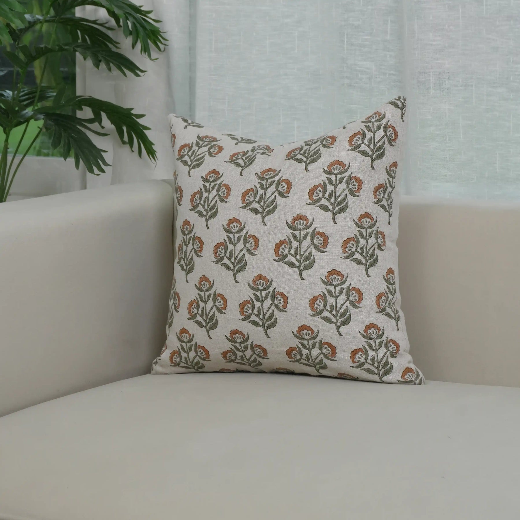 Floral Blockprint Pure Linen Pillow Cover - Bael Patra