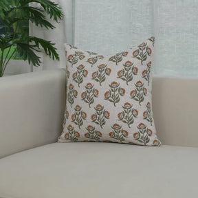 Floral Blockprint Pure Linen Pillow Cover - Bael Patra
