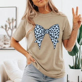 Blue Leopard Print Ribbon Bow Graphic T-Shirt | Khaki Coquette Western Cotton Tee