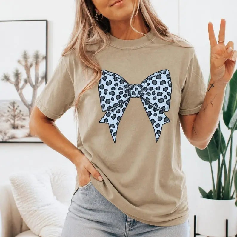 Blue Leopard Print Ribbon Bow Graphic T-Shirt | Khaki Coquette Western Cotton Tee