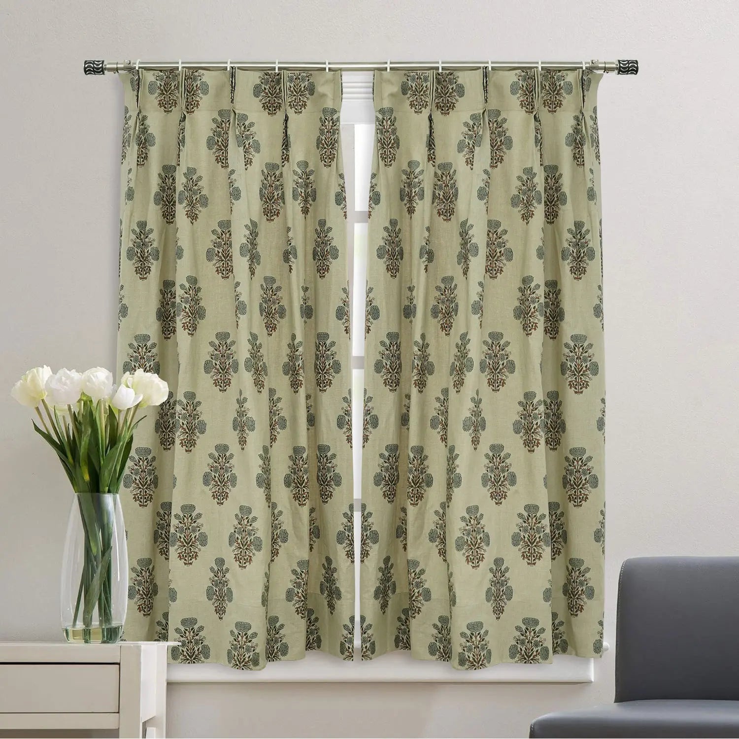 Floral Hand Block Print Pure Linen Pleated Curtain- Swadesh