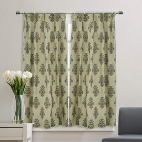 Floral Hand Block Print Pure Linen Pleated Curtain- Swadesh