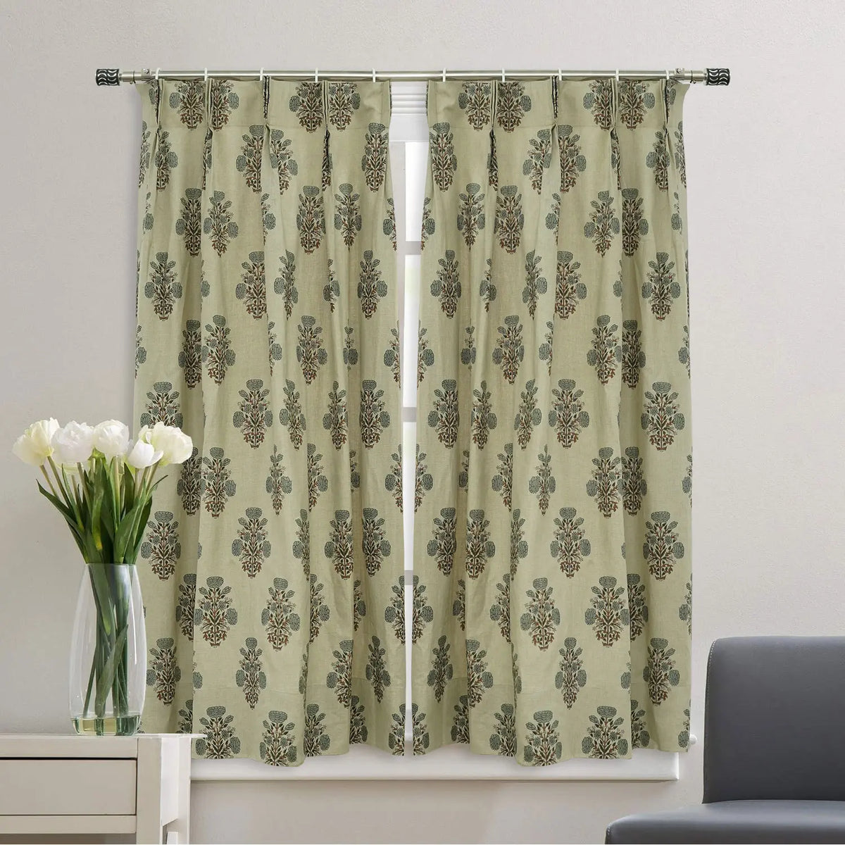 Floral Hand Block Print Pure Linen Pleated Curtain- Swadesh