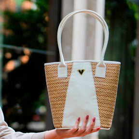 Beige Leather Tetra Tote – Handmade Medium Shoulder Bag with Palm Weave, Classic Leather Purse