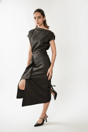 Black One-shoulder Draped Midi Dress