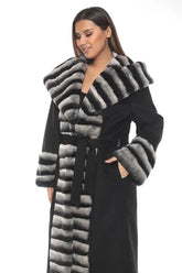 Luxury Black Cashmere Coat with Ethical Rex Fur Trim